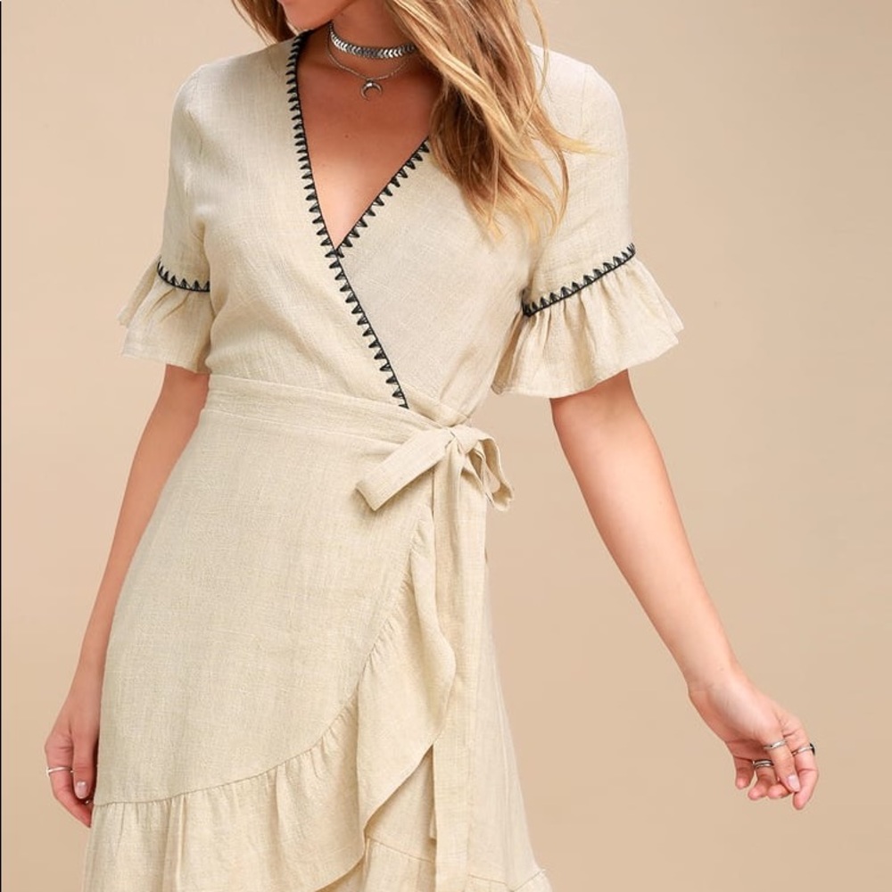 Cyrus Beige Embroidered Wrap Dress